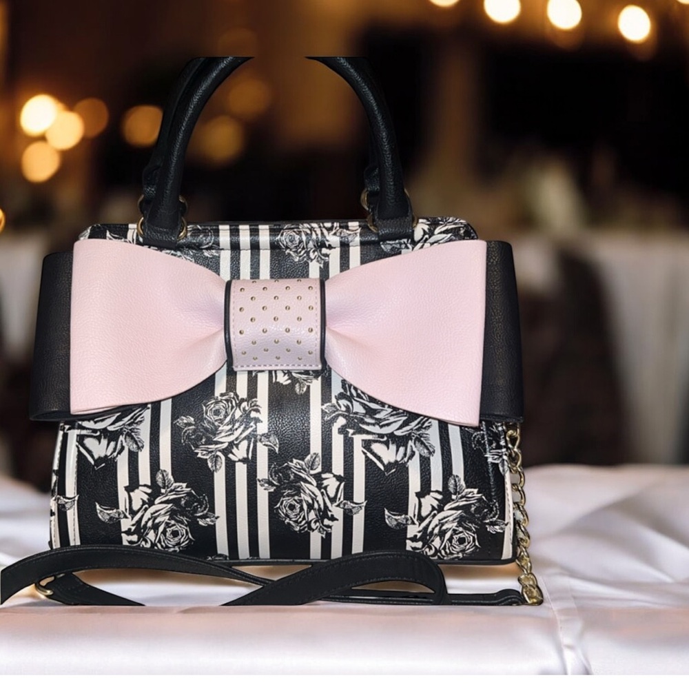 Betsey Johnson Black White Floral Striped Satchel with Pink Bow